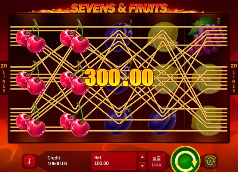 Скриншот слота Sevens & Fruits 20 Lines от Playson