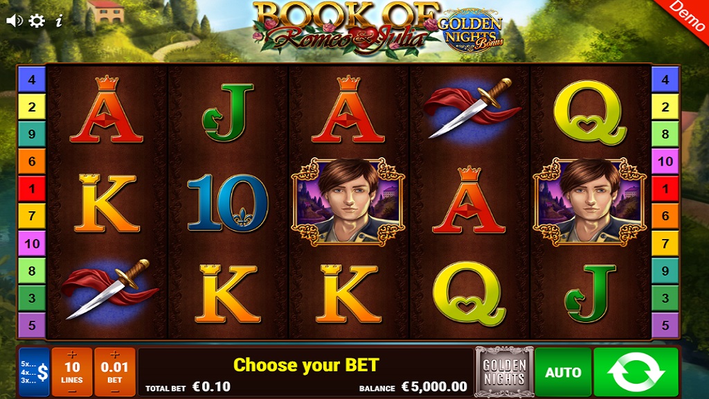 Скриншот слота Book of Romeo and Julia Golden Nights от Gamomat